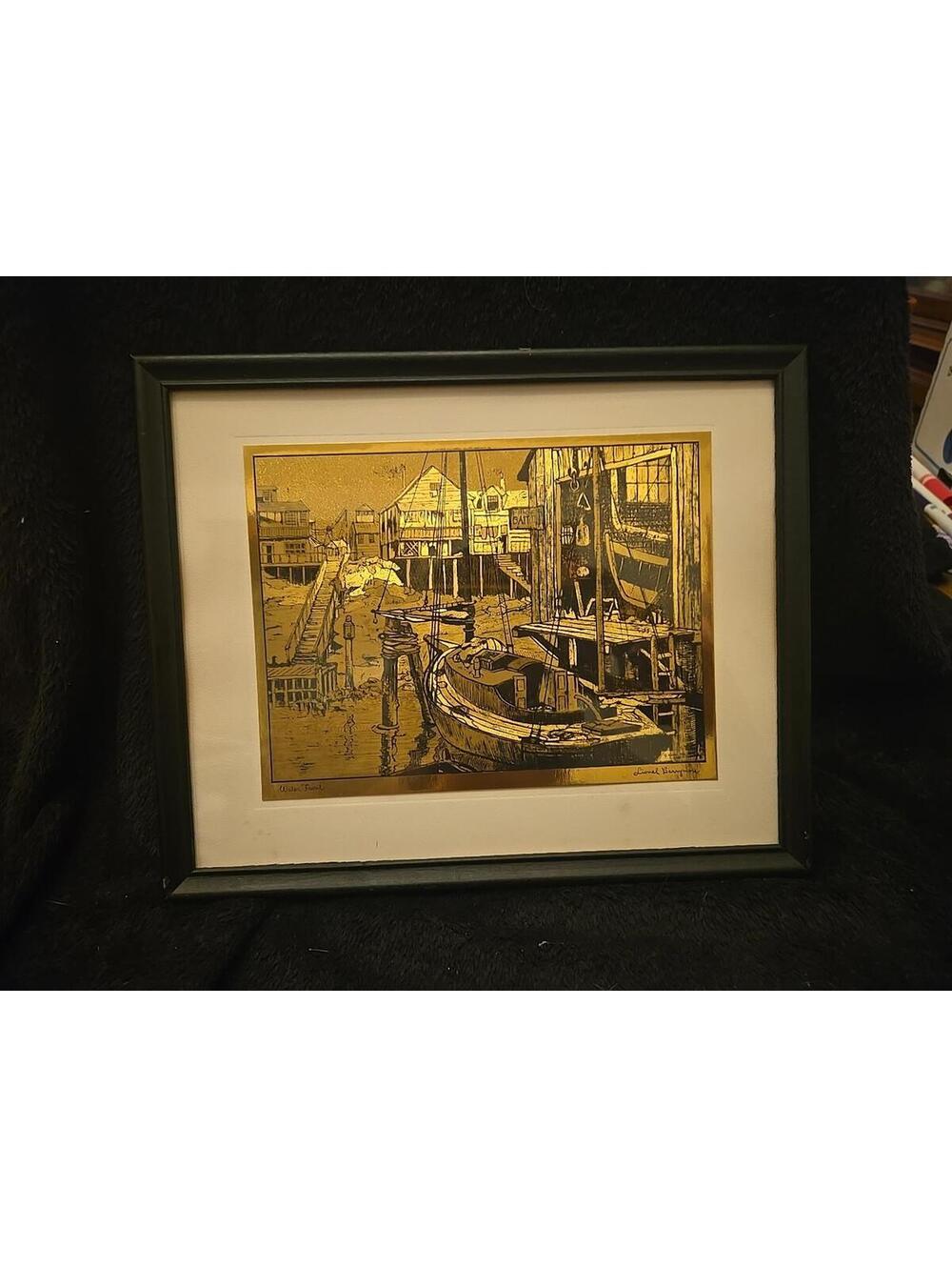 vintage gold foil etching titled "Water Front" by artist Lionel Barrymore.